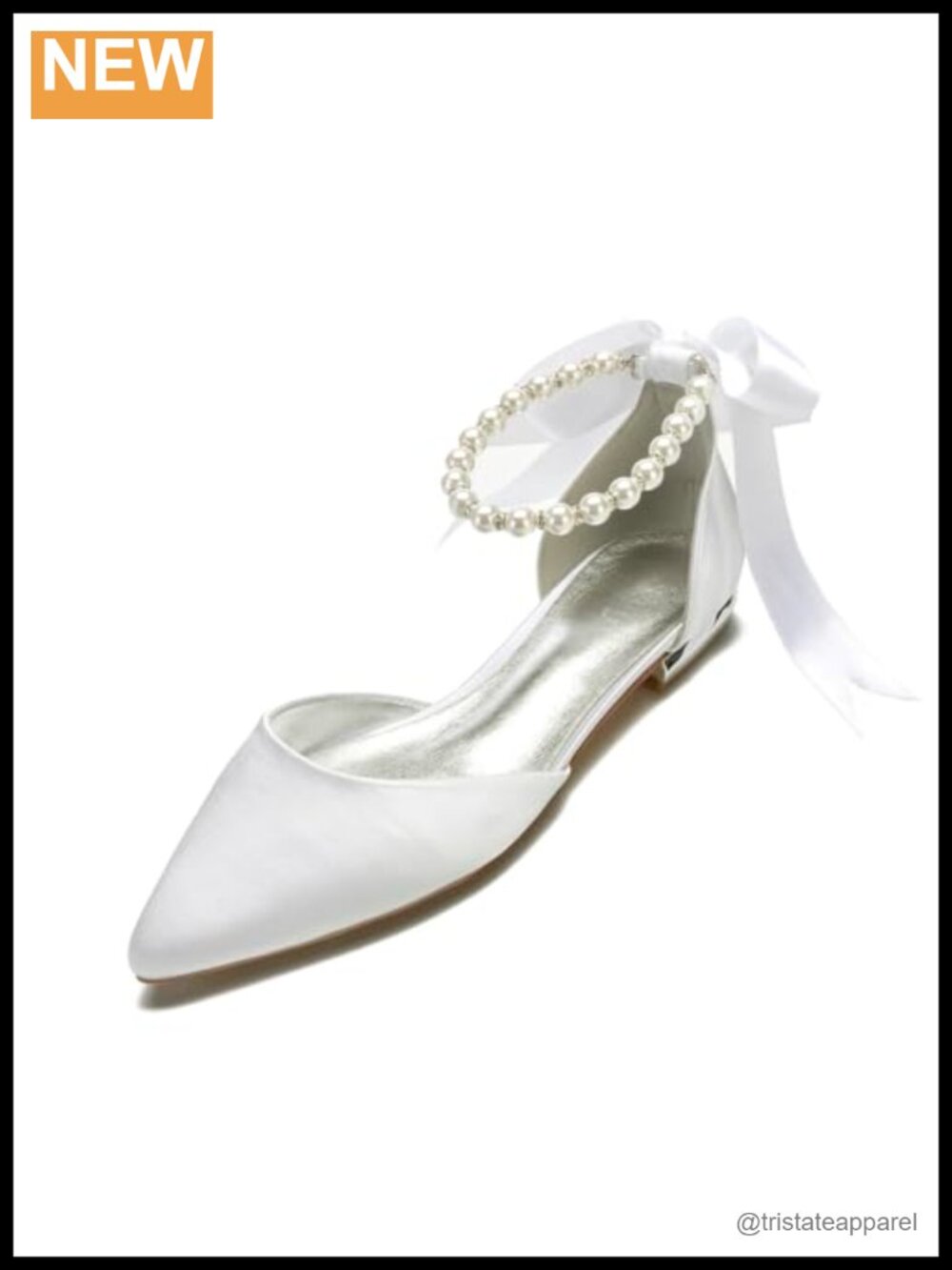 Pearl Satin Wedding Flats Pointed Toe Ankle Strap Comfortable Bridal Shoes